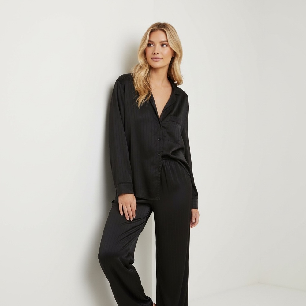 Abercrombie & Fitch | Black Satin Pajama Set | Button-Down Top & Pants